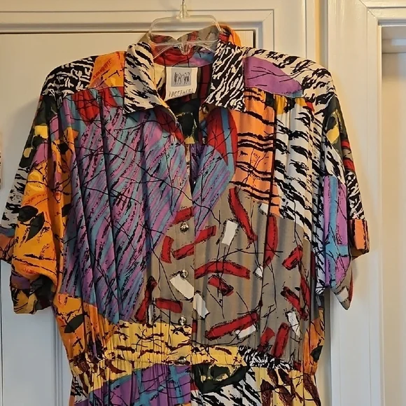 VINTAGE  90S TOGETHER MULTI COLOR BUTTON DOWN  MAXI DRESS - Picture 2 of 9